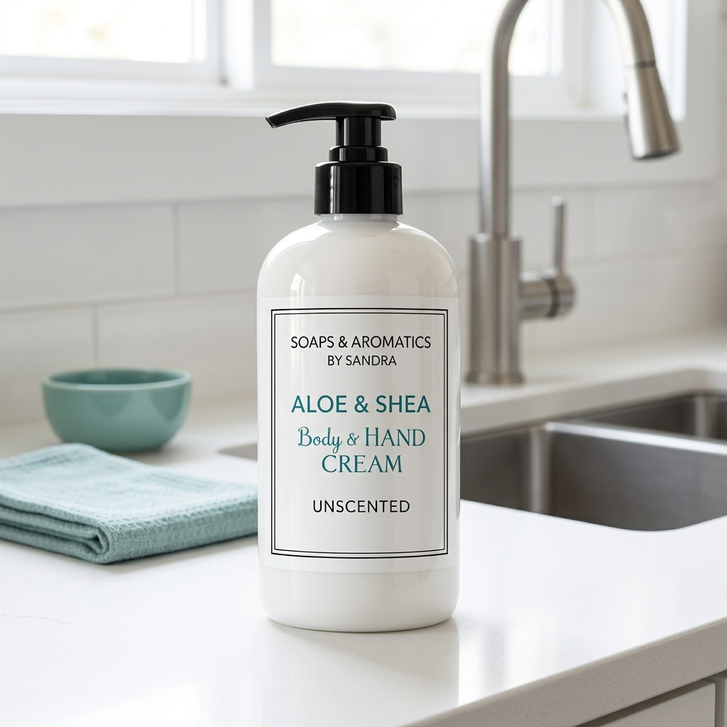 Lotion beside a modern kitchen sink with white quartz counters and subtle teal accents