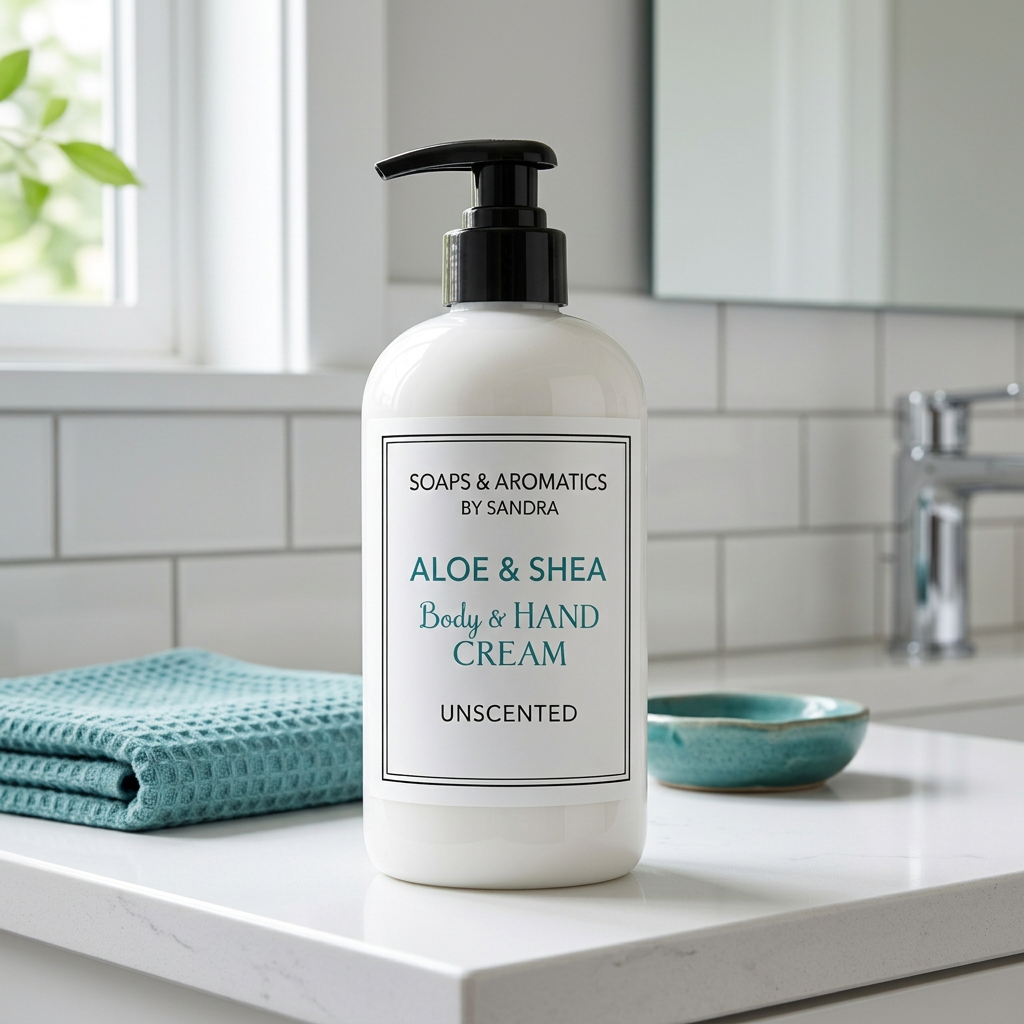 Lotion on a modern white bathroom counter with white tiles and subtle teal accents