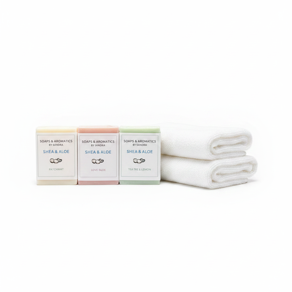 Shea & Aloe Bars — White Background with Towels