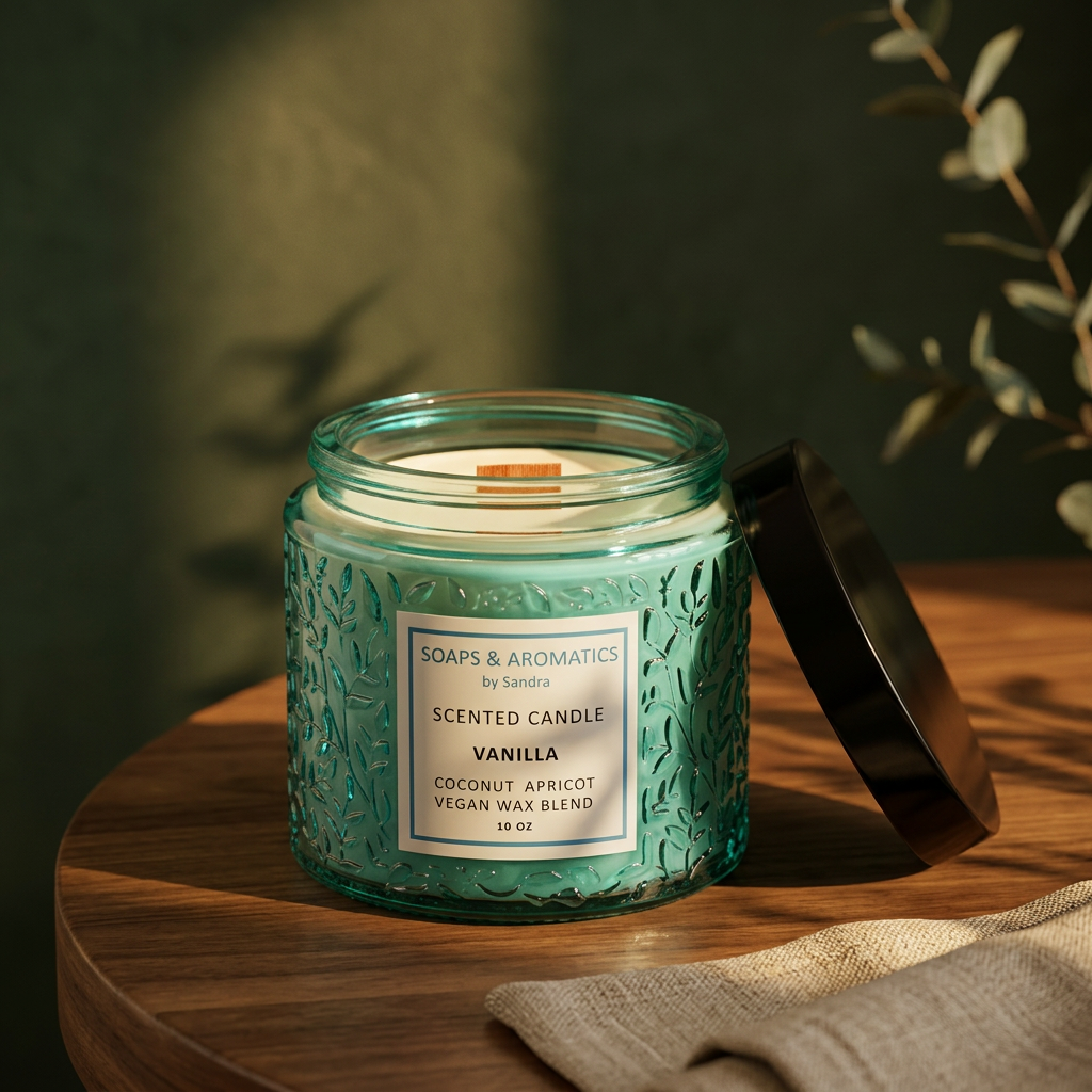 Teal wood-wick candle in a rich botanical setting
