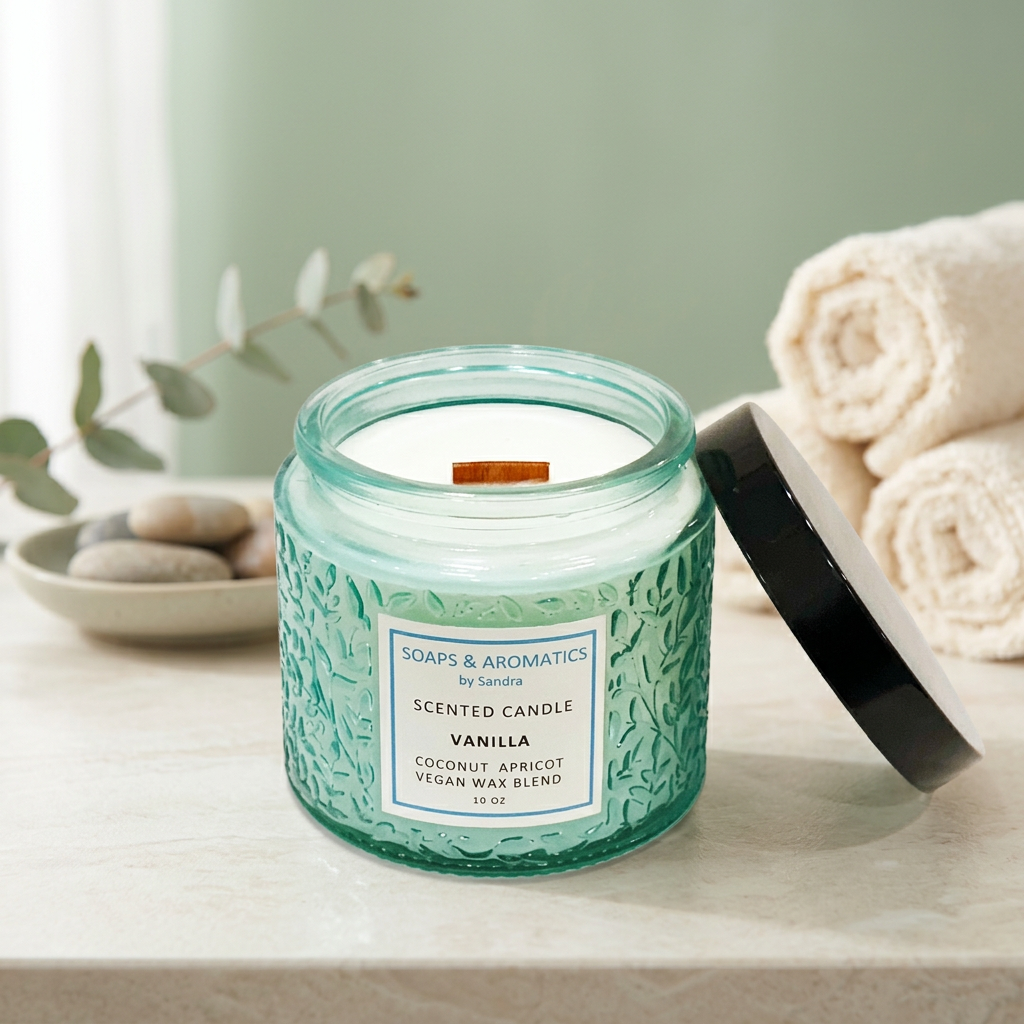 Wood-wick teal candle with a bright spa backdrop